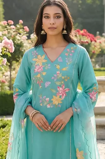 Women Floral Embroidered Regular Thread Work Kurta with Trousers & With Dupatta