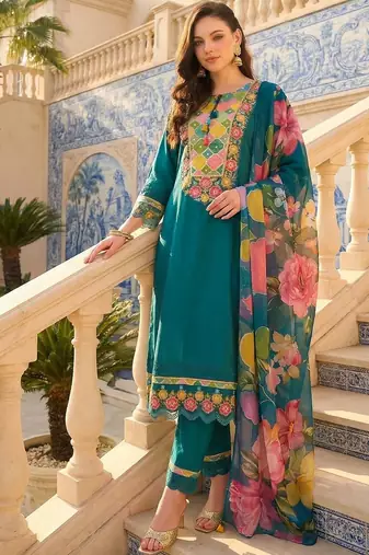 Women Floral Embroidered Regular Thread Work Kurta with Trousers & With Dupatta