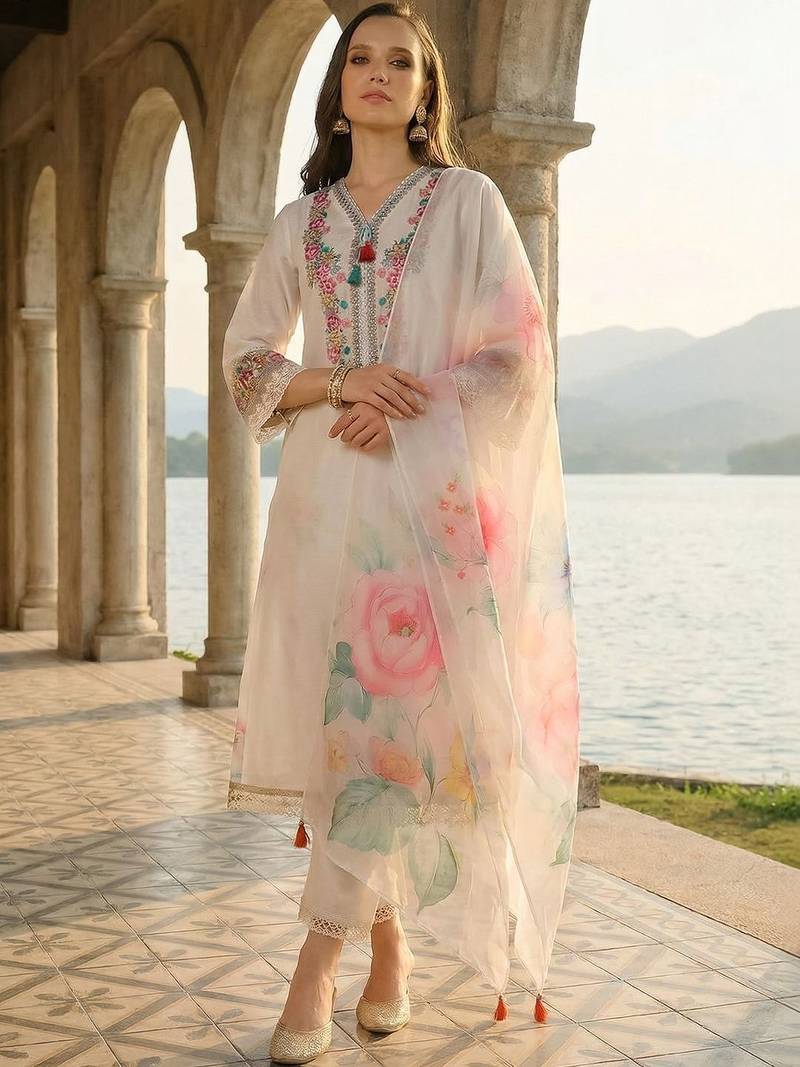 Women Floral Embroidered Regular Thread Work Kurta with Trousers & With Dupatta