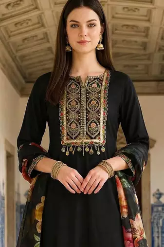Women Floral Embroidered Regular Thread Work Kurta with Trousers & With Dupatta