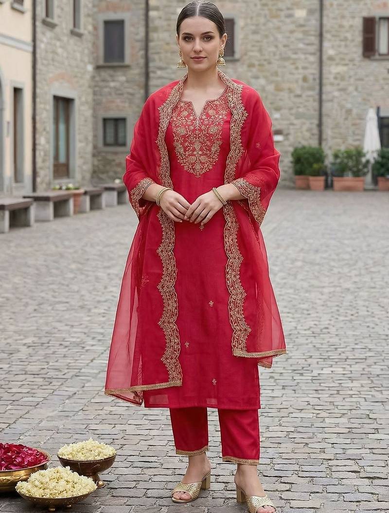 Women Ethnic Motifs Embroidered Regular Thread Work Liva Kurta with Trousers & With Dupatta