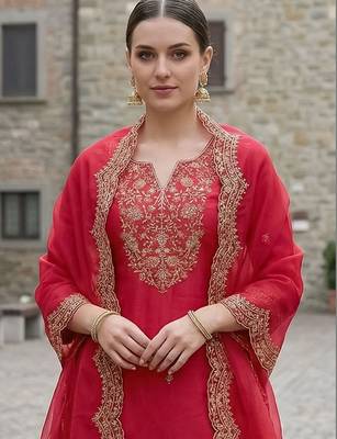 Women Ethnic Motifs Embroidered Regular Thread Work Liva Kurta with Trousers & With Dupatta 2
