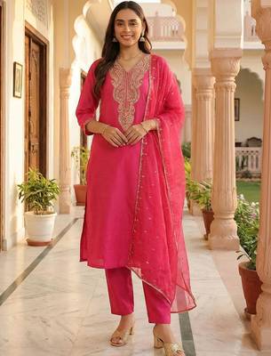 Women Ethnic Motifs Embroidered Regular Liva Kurta with Trousers & With Dupatta 1