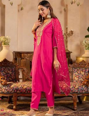 Women Ethnic Motifs Embroidered Regular Liva Kurta with Trousers & With Dupatta 5