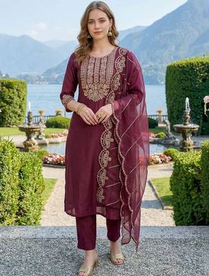 Women Ethnic Motifs Embroidered Regular Thread Work Liva Kurta with Trousers & With Dupatta 1