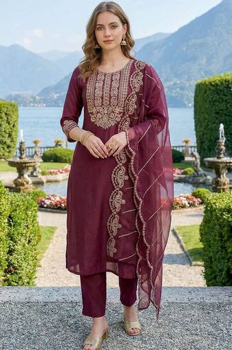 Women Ethnic Motifs Embroidered Regular Thread Work Liva Kurta with Trousers & With Dupatta