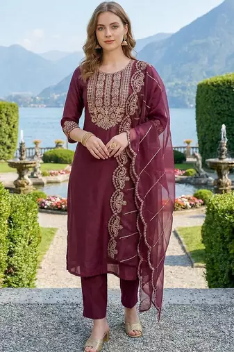 Women Ethnic Motifs Embroidered Regular Thread Work Liva Kurta with Trousers & With Dupatta
