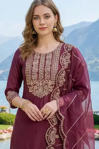 Women Ethnic Motifs Embroidered Regular Thread Work Liva Kurta with Trousers & With Dupatta