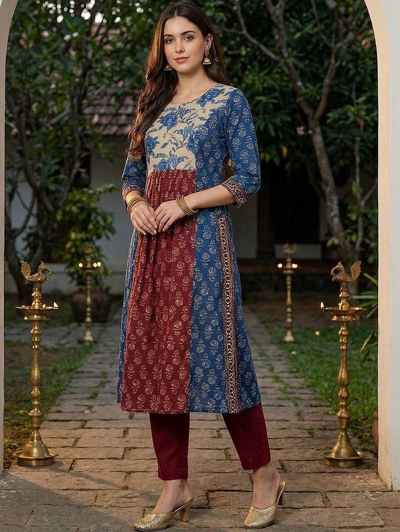 Women Floral Printed Panelled Pure Cotton Kurta with Trousers