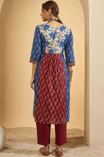 Women Floral Printed Panelled Pure Cotton Kurta with Trousers
