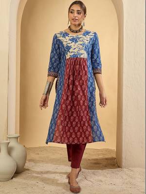 Women Floral Printed Panelled Pure Cotton Kurta with Trousers 7