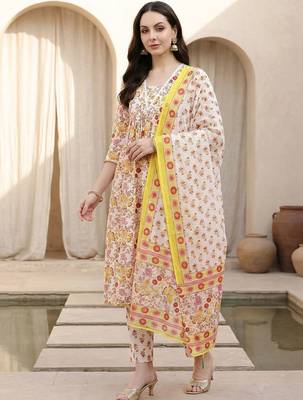 Women Floral Printed Empire Pure Cotton Kurta with Trousers & With Dupatta 1