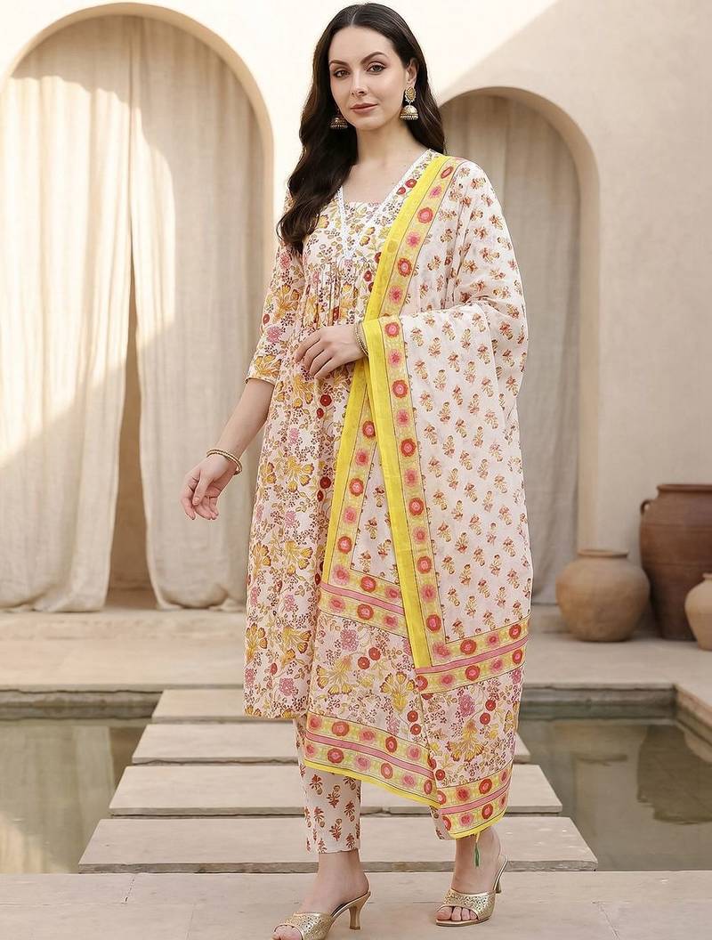 Women Floral Printed Empire Pure Cotton Kurta with Trousers & With Dupatta
