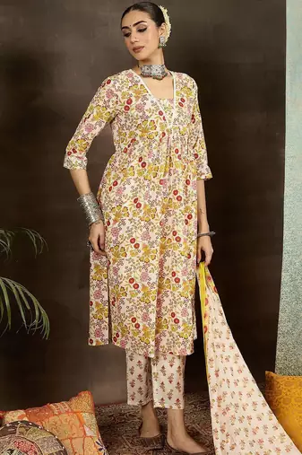 Women Floral Printed Empire Pure Cotton Kurta with Trousers & With Dupatta