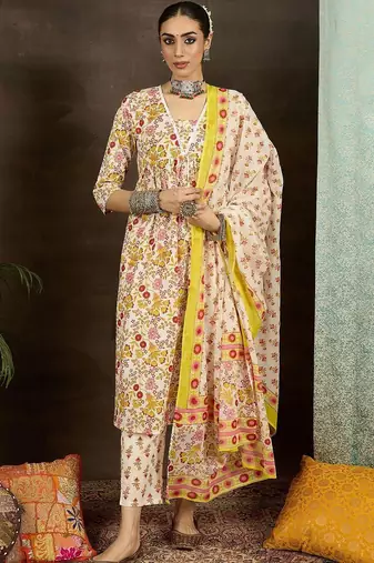 Women Floral Printed Empire Pure Cotton Kurta with Trousers & With Dupatta