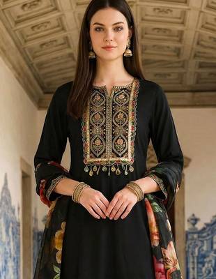 Women Floral Embroidered Regular Thread Work Kurta with Trousers & With Dupatta 2