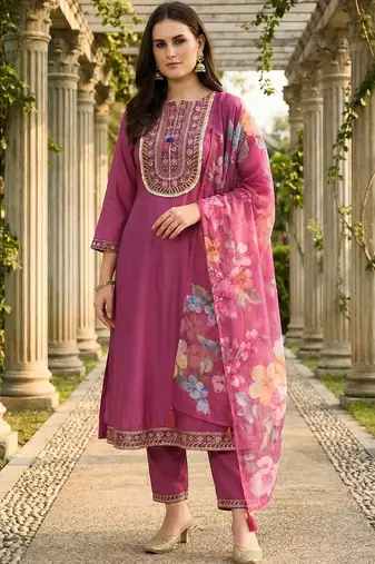 Women Floral Embroidered Regular Thread Work Kurta with Trousers & With Dupatta