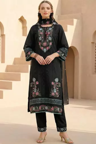 Women Floral Embroidered Regular Thread Work Kurta with Trousers & With Dupatta