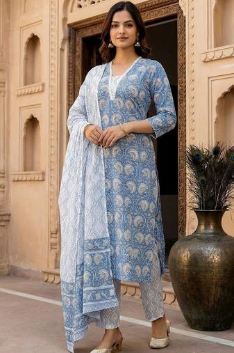 Women Ethnic Motifs Printed Regular  Cotton Kurta with Trousers & With Dupatta
