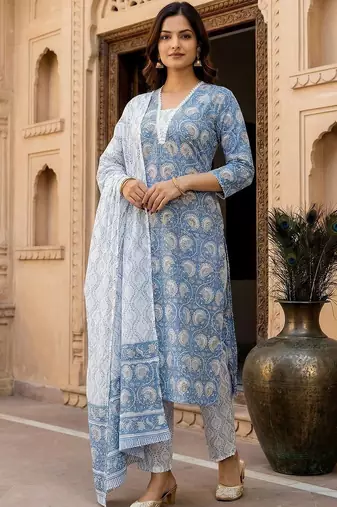 Women Ethnic Motifs Printed Regular Pure Cotton Kurta with Trousers & With Dupatta