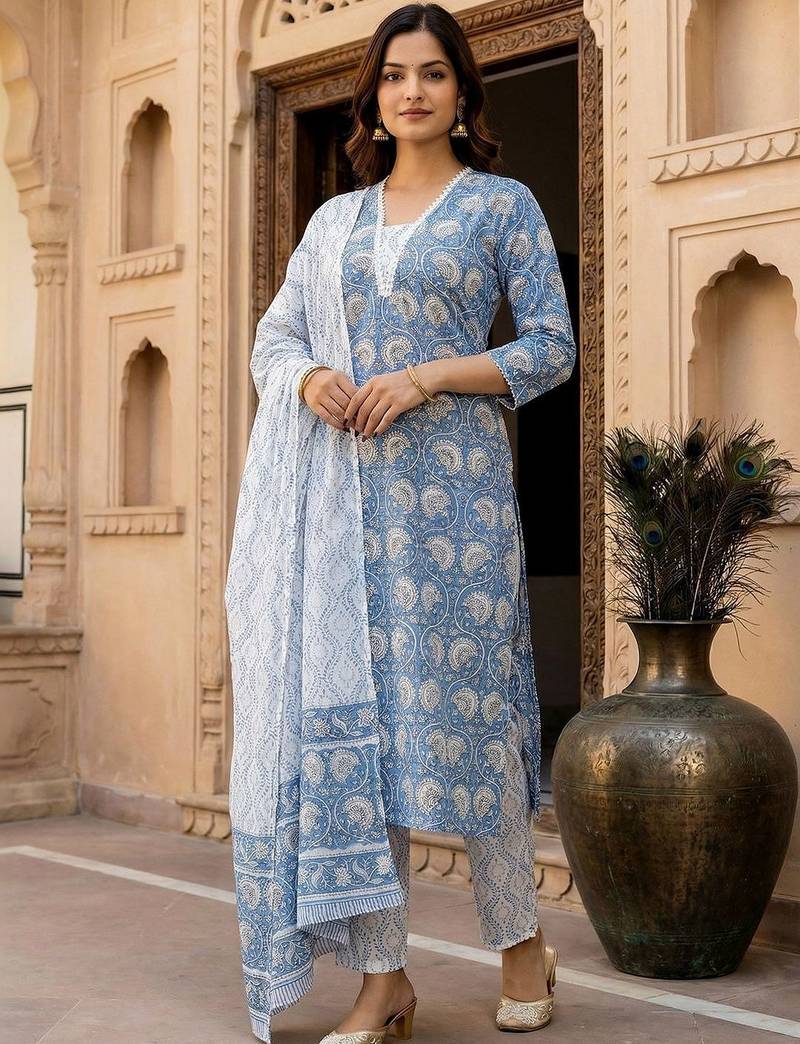 Women Ethnic Motifs Printed Regular Pure Cotton Kurta with Trousers & With Dupatta