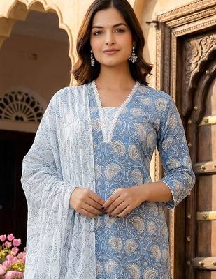 Women Ethnic Motifs Printed Regular Pure Cotton Kurta with Trousers & With Dupatta 2