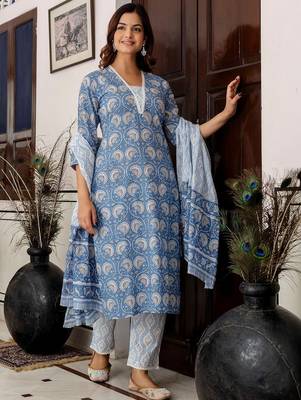 Women Ethnic Motifs Printed Regular Pure Cotton Kurta with Trousers & With Dupatta 4