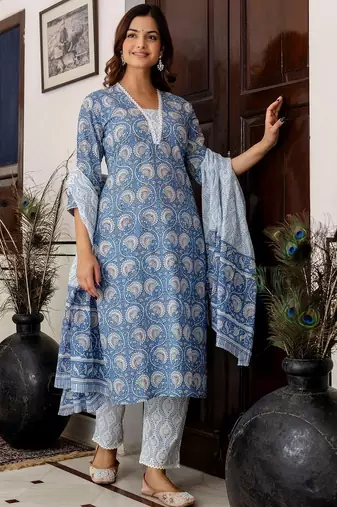 Women Ethnic Motifs Printed Regular Pure Cotton Kurta with Trousers & With Dupatta