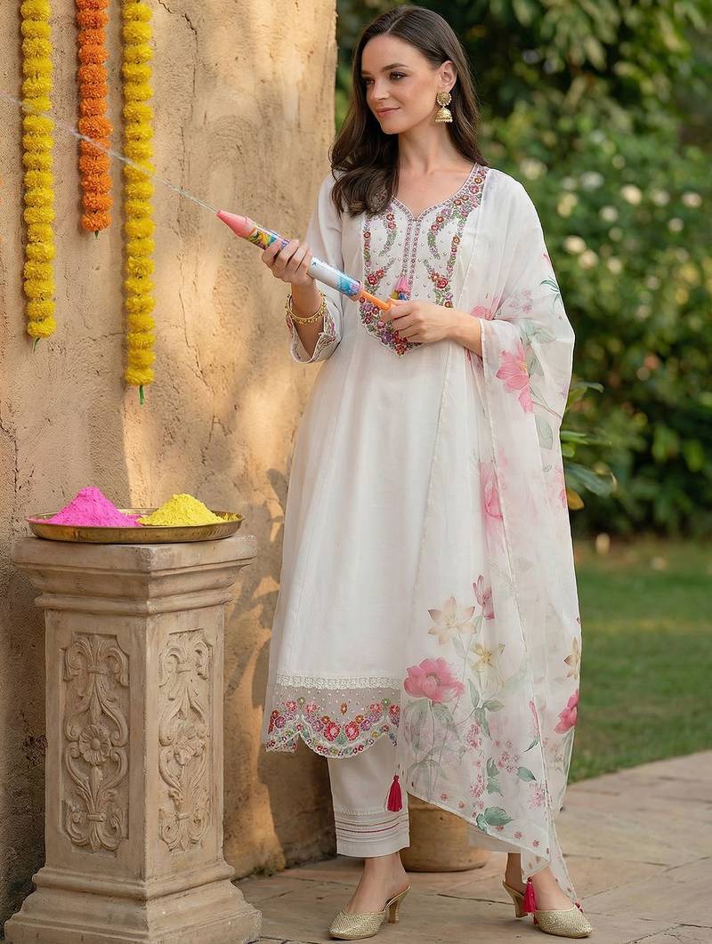 Women Floral Embroidered Regular Thread Work Kurta with Trousers & With Dupatta
