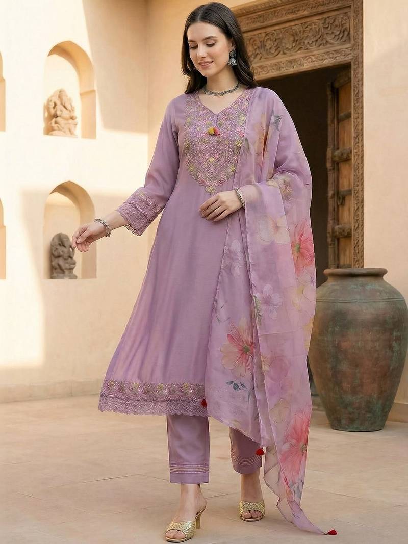Women Floral Embroidered Regular Thread Work Kurta with Trousers & With Dupatta