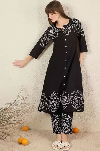 Women Floral Printed Regular Mirror Work Pure Cotton Kurta with Trousers
