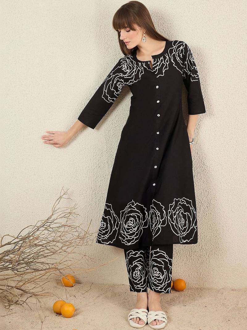 Women Floral Printed Regular Mirror Work Pure Cotton Kurta with Trousers