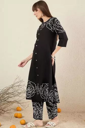 Women Floral Printed Regular Mirror Work Pure Cotton Kurta with Trousers