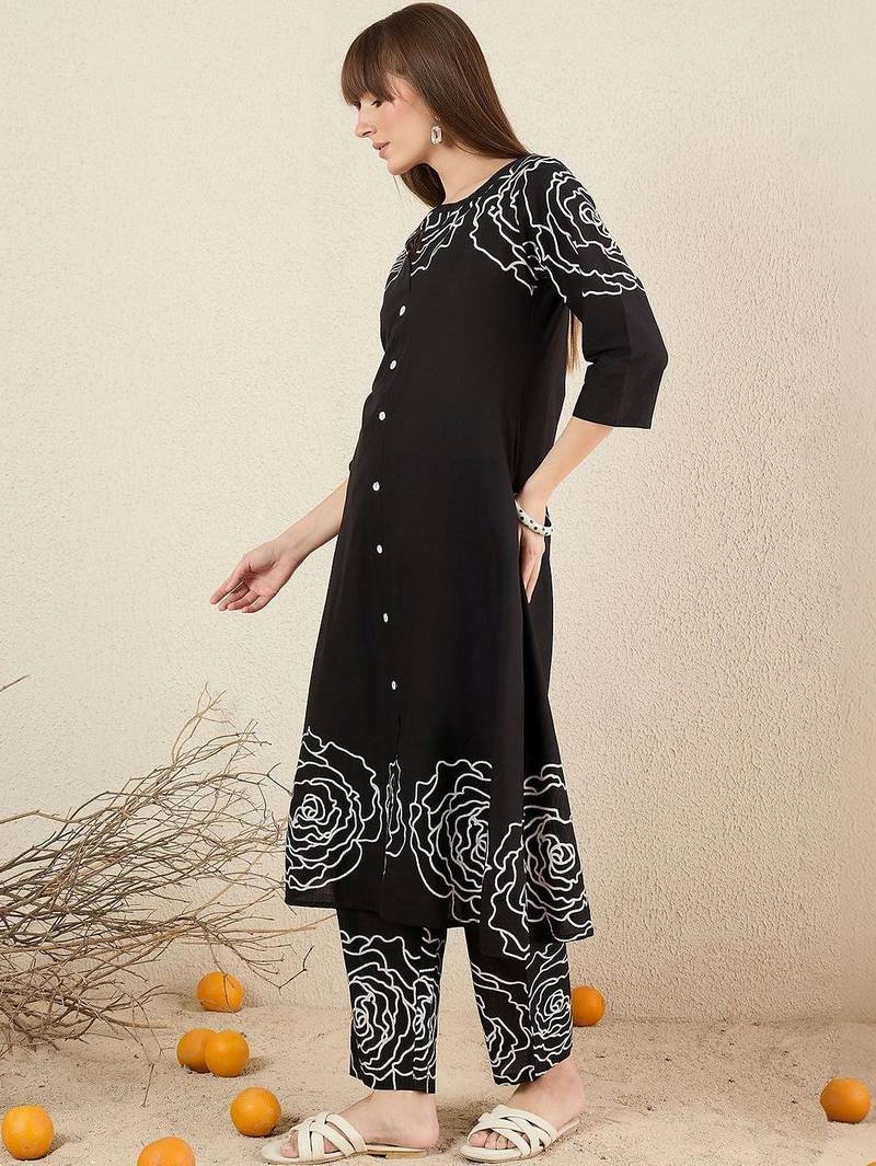 Women Floral Printed Regular Mirror Work Pure Cotton Kurta with Trousers