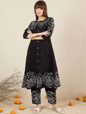 Women Floral Printed Regular Mirror Work Pure Cotton Kurta with Trousers 5