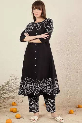 Women Floral Printed Regular Mirror Work Pure Cotton Kurta with Trousers