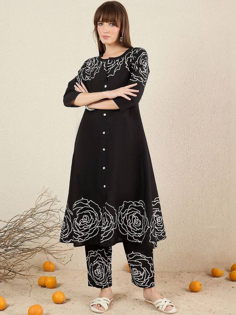 Women Floral Printed Regular Mirror Work Pure Cotton Kurta with Trousers