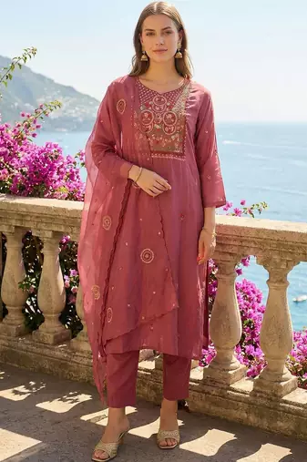 Women Ethnic Motifs Embroidered Regular Thread Work Kurta with Trousers & With Dupatta