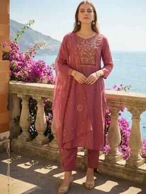 Women Ethnic Motifs Embroidered Regular Thread Work Kurta with Trousers & With Dupatta 4