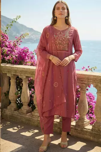 Women Ethnic Motifs Embroidered Regular Thread Work Kurta with Trousers & With Dupatta