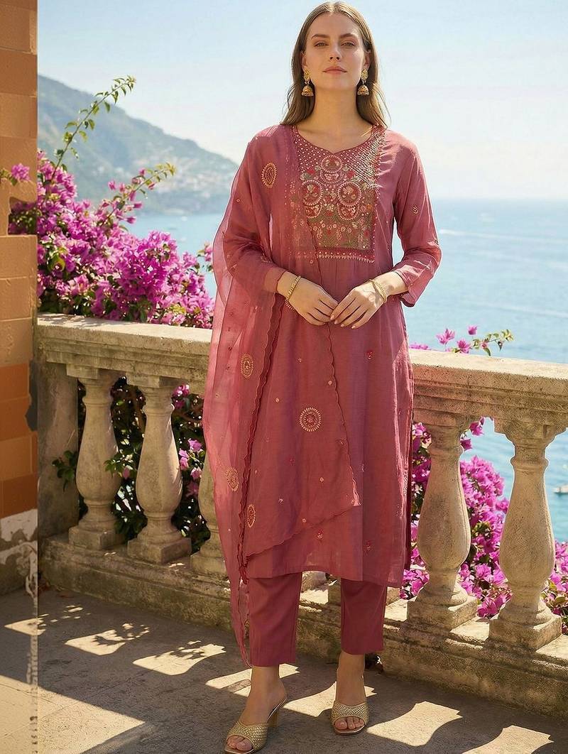 Women Ethnic Motifs Embroidered Regular Thread Work Kurta with Trousers & With Dupatta