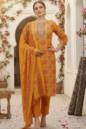 Women Floral Printed Regular Kurta with Trousers & With Dupatta
