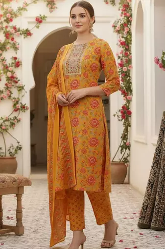 Women Floral Printed Regular Kurta with Trousers & With Dupatta