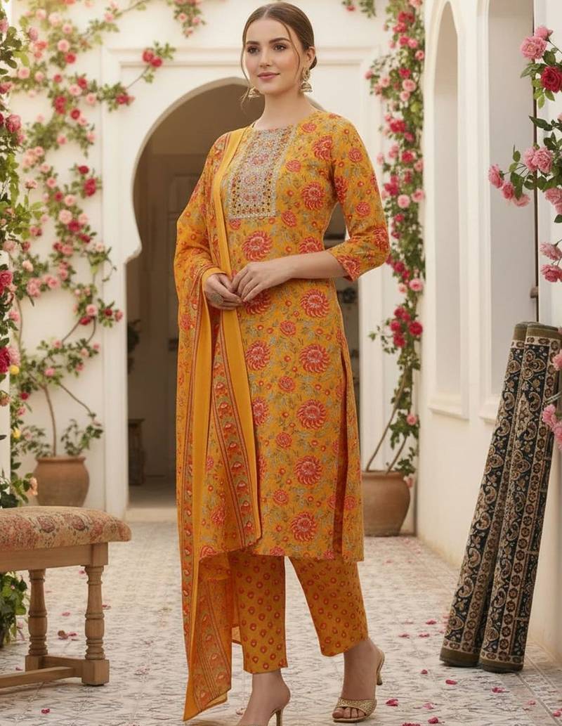 Women Floral Printed Regular Kurta with Trousers & With Dupatta