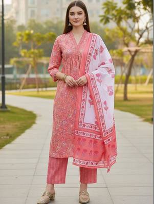 Women Floral Printed Regular Pure Cotton Kurta with Trousers & With Dupatta 1