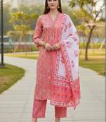 Women Floral Printed Regular Pure Cotton Kurta with Trousers & With Dupatta