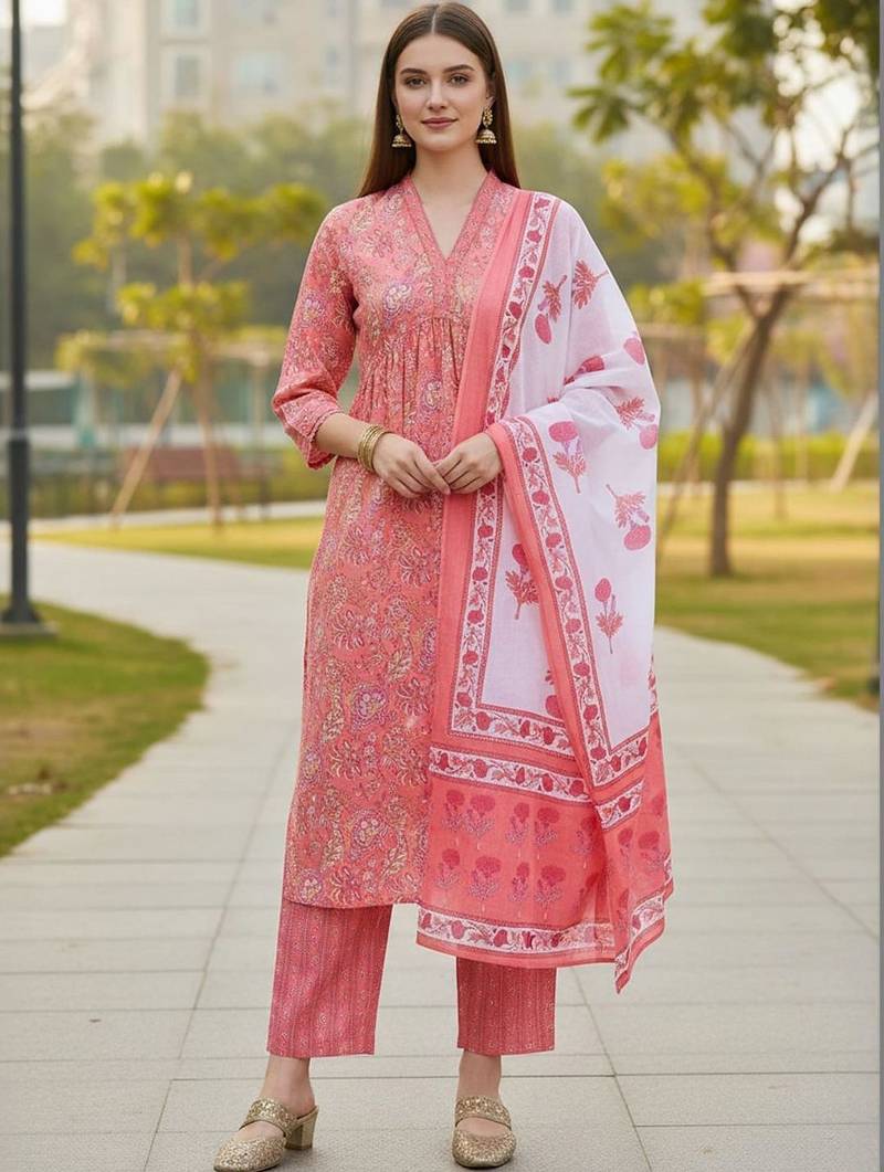 Women Floral Printed Regular Pure Cotton Kurta with Trousers & With Dupatta