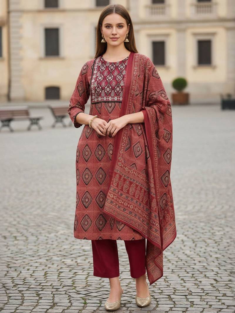 Women Printed Regular Mirror Work Pure Cotton Kurta with Trousers & With Dupatta