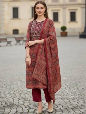 Women Printed Regular Mirror Work Pure Cotton Kurta with Trousers & With Dupatta 2