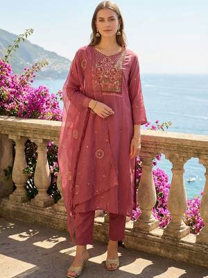 Women Ethnic Motifs Embroidered Regular Thread Work Kurta with Trousers & With Dupatta 1
